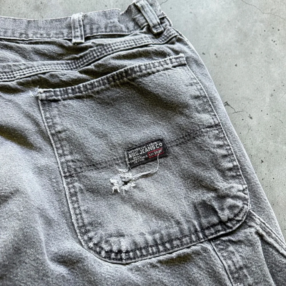 NRG Jeans Co Mens Gray Carpenter Pants Distressed Denim Utility Workwear 34x32